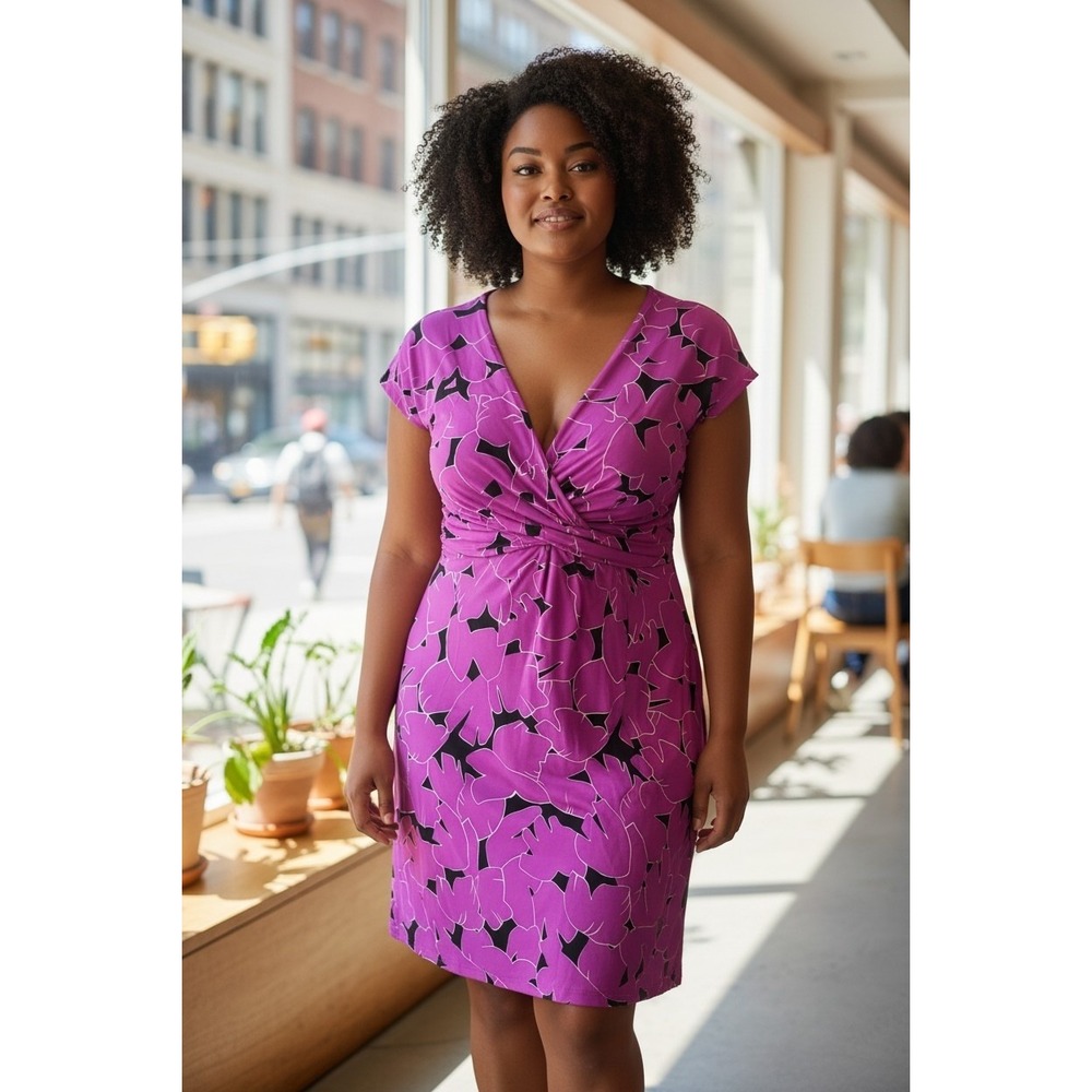 Leota Purple Abstract Art Midi Dress Faux Wrap 3X Office Party Wedding Guest